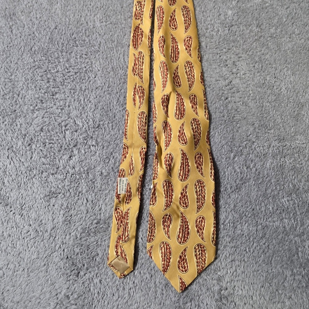 Joseph Abboud Mens OS Silk Necktie Yellow Burgundy Leaf Pattern‎ Made in Italy